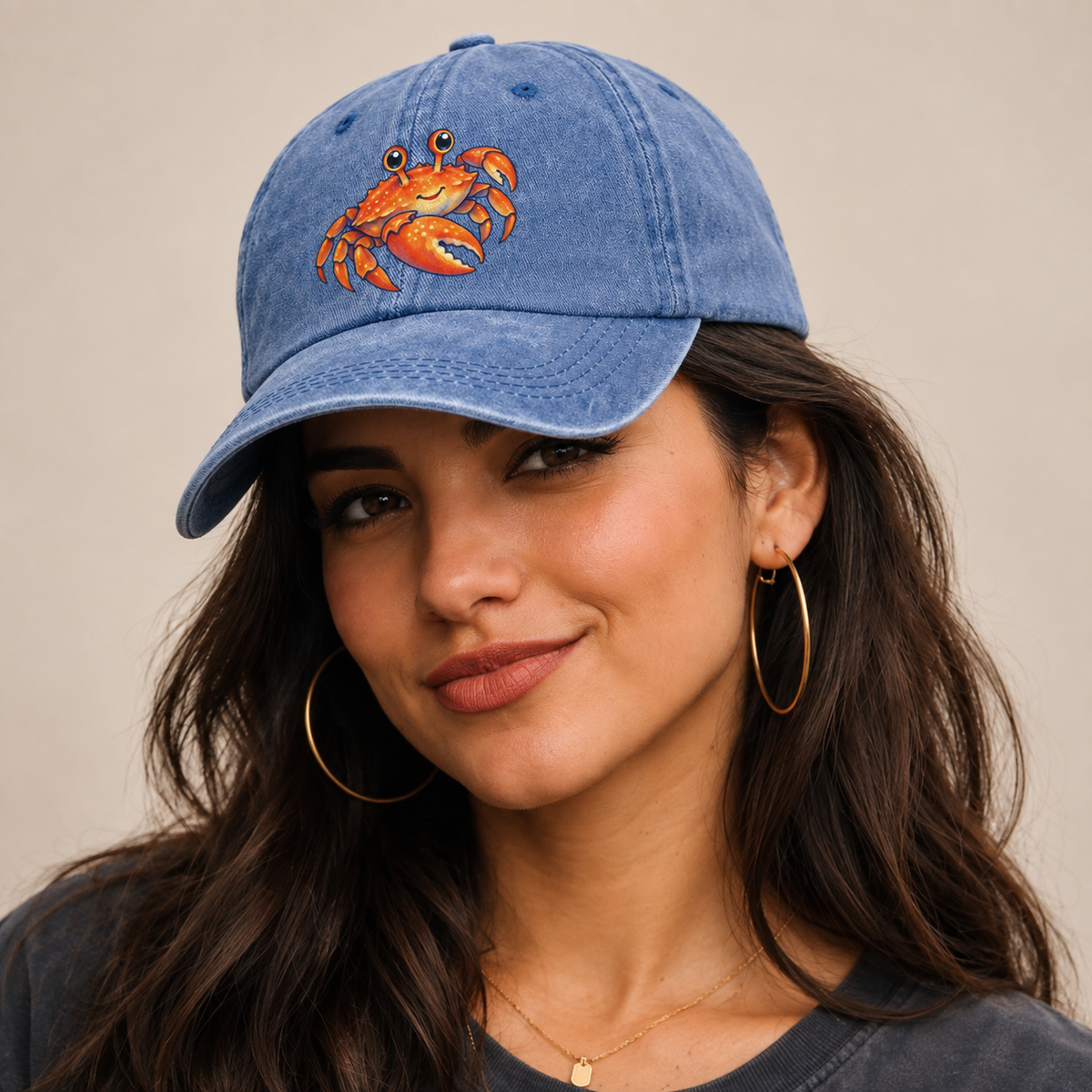 Crab Side Scuttle Sea Sprite Classic Cap — studio model wearing the hat
