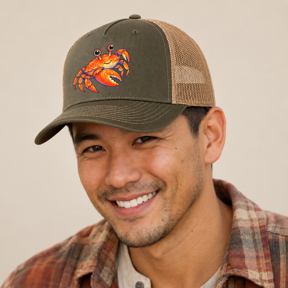 Crab Side Scuttle Sea Sprite Trucker Hat — studio model wearing the hat