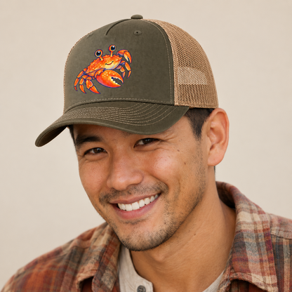 Crab Side Scuttle Sea Sprite Trucker Hat — studio model wearing the hat