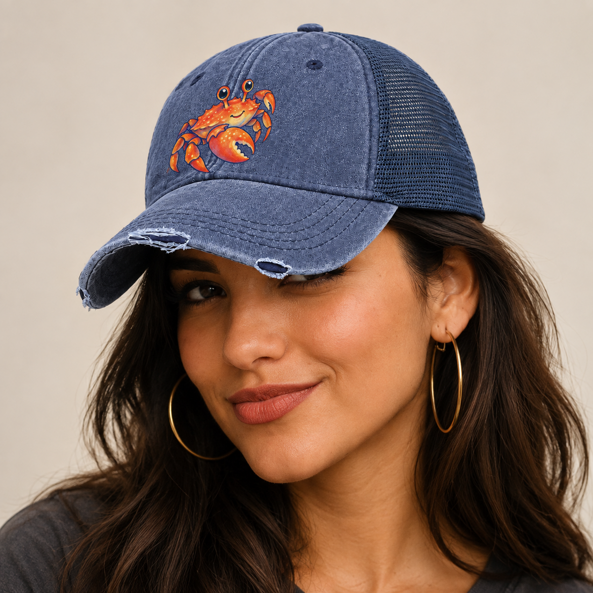 Crab Side Scuttle Sea Sprite Washed Trucker Hat — studio model wearing the hat