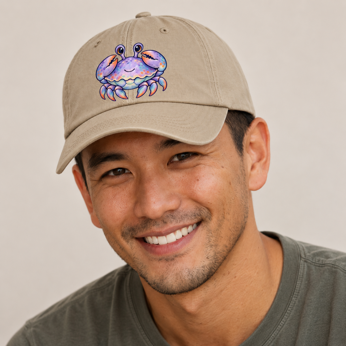 Crab Tucked Claw Hug Sea Sprite Baseball Cap — studio model wearing the hat