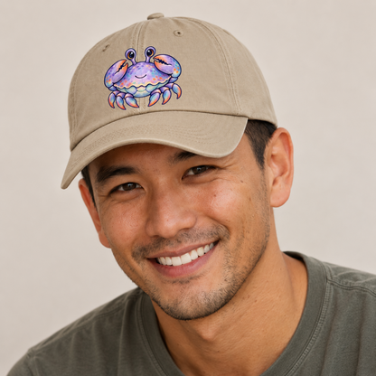 Crab Tucked Claw Hug Sea Sprite Baseball Cap — studio model wearing the hat
