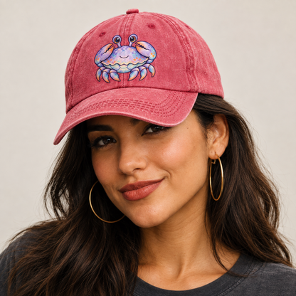 Crab Tucked Claw Hug Sea Sprite Classic Cap — studio model wearing the hat