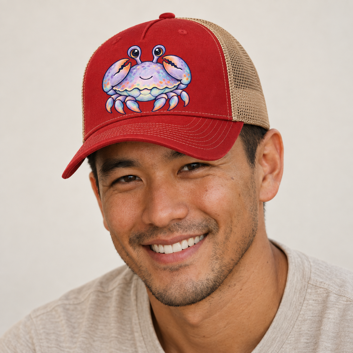 Crab Tucked Claw Hug Sea Sprite Trucker Hat — studio model wearing the hat