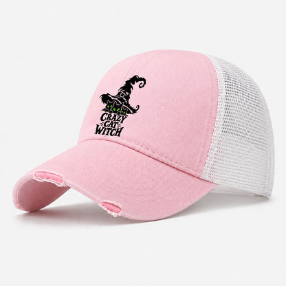 Crazy Cat Witch Slogan Witch Magic Washed Trucker Hat – Light Pink