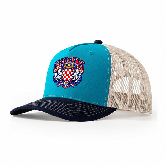Croatia Retro Badge Country Logos Trucker Hat – Teal Navy
