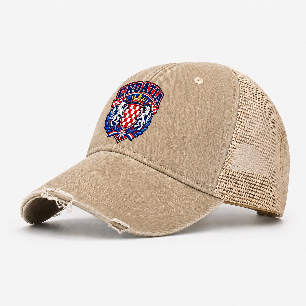 Croatia Retro Badge Country Logos Washed Trucker Hat – Khaki