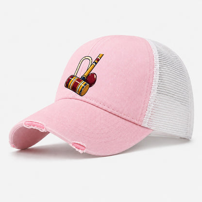 Croquet Mallet Hoop And Burgundy Ball Uk Culture Heritage Washed Trucker Hat – Light Pink