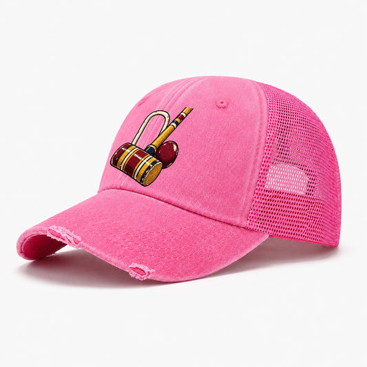 Croquet Mallet Hoop And Burgundy Ball Uk Culture Heritage Washed Trucker Hat – Rose