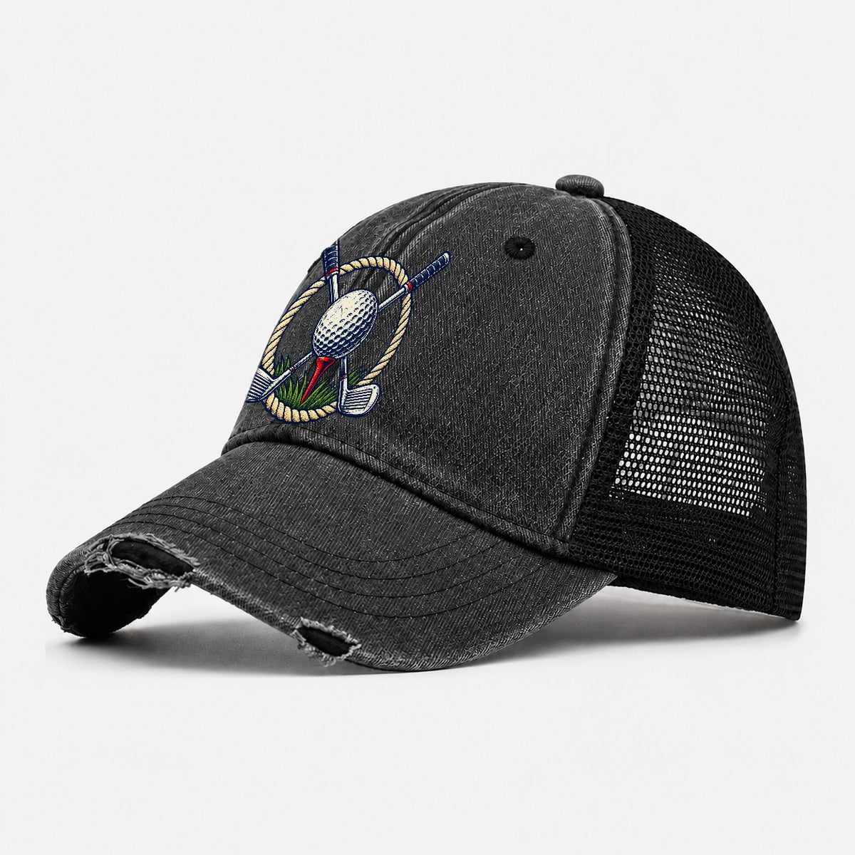 Crossed Clubs Crest Golf Life Washed Trucker Hat – Black