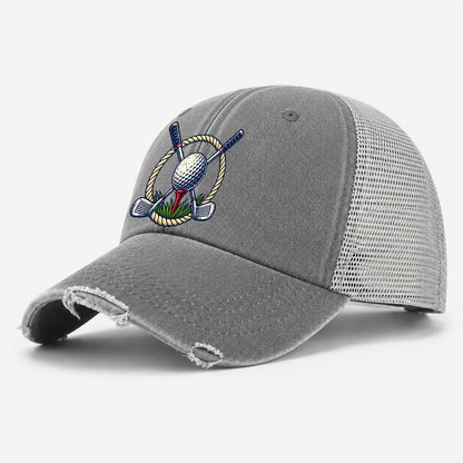 Crossed Clubs Crest Golf Life Washed Trucker Hat – Grey