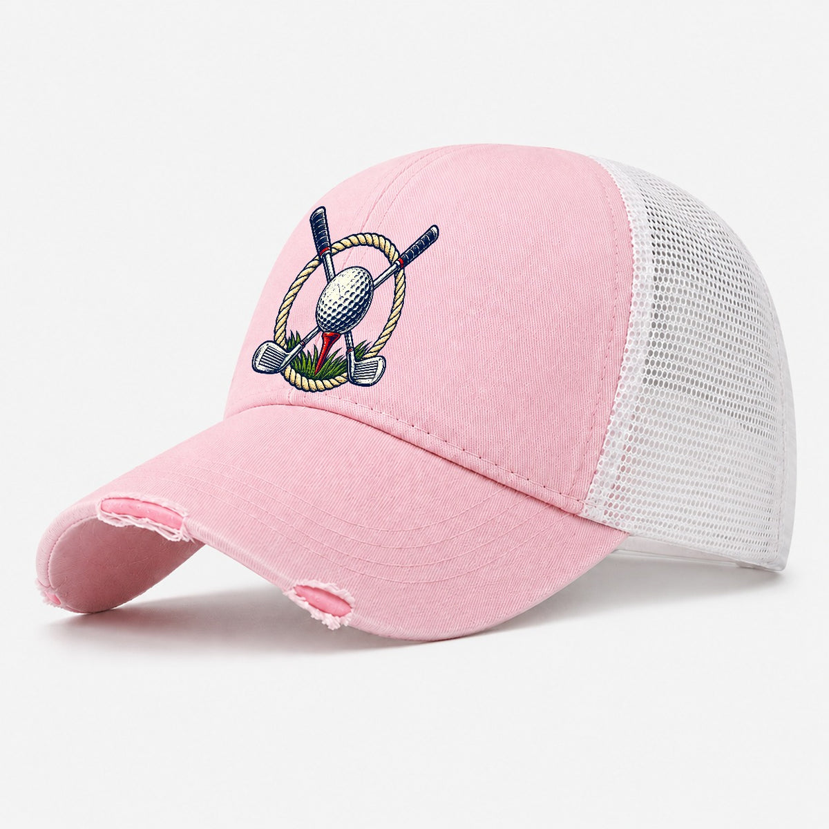 Crossed Clubs Crest Golf Life Washed Trucker Hat – Light Pink