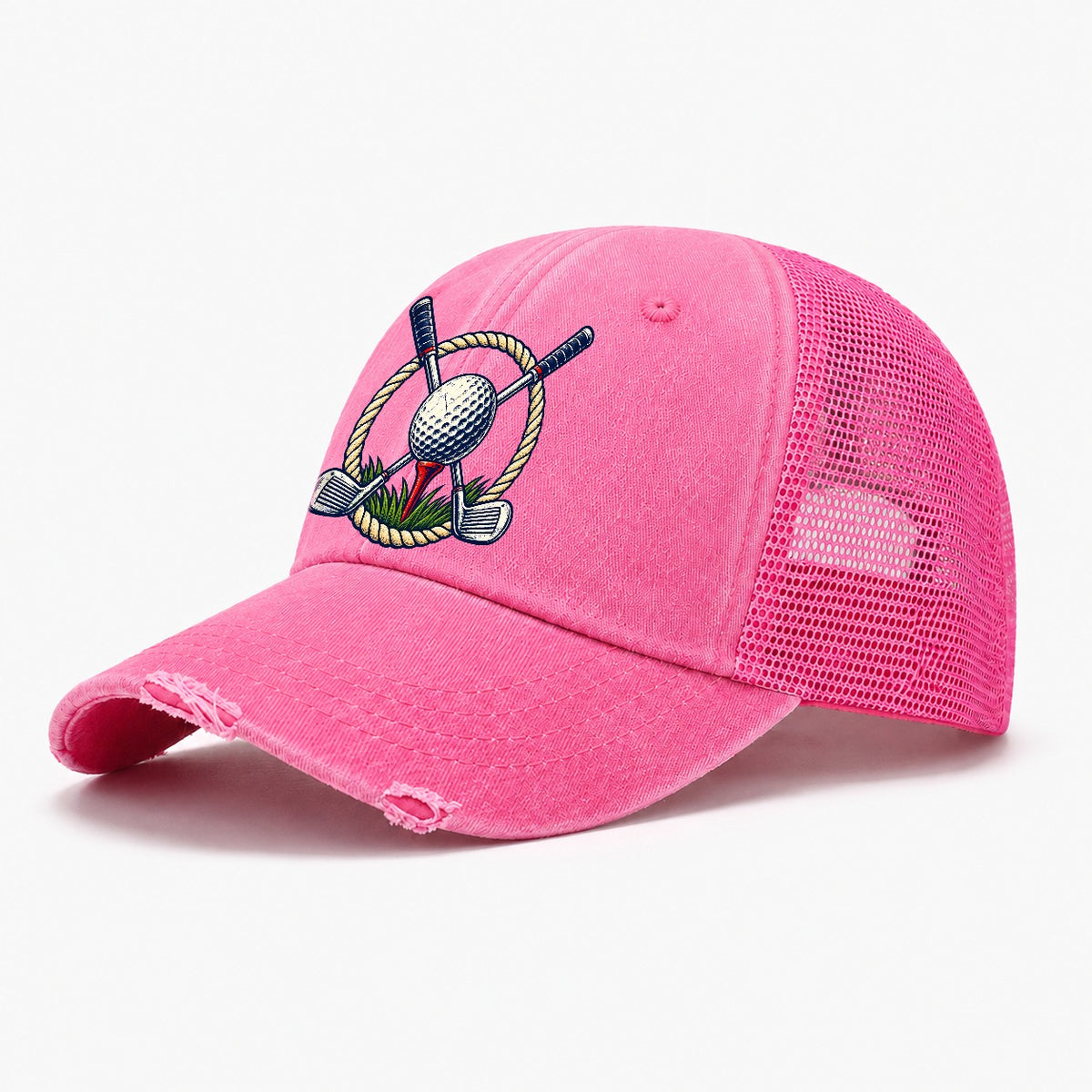 Crossed Clubs Crest Golf Life Washed Trucker Hat – Rose