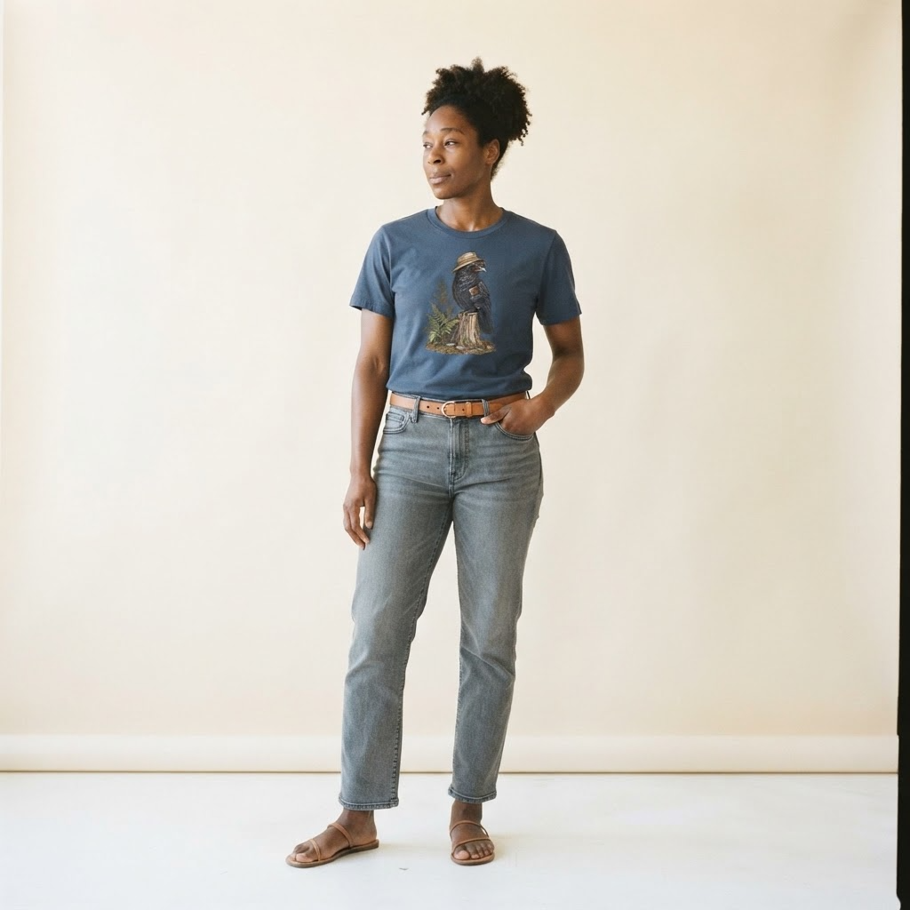 Crow Field Notes Slow Camp Club Classic T-shirt – studio model photo