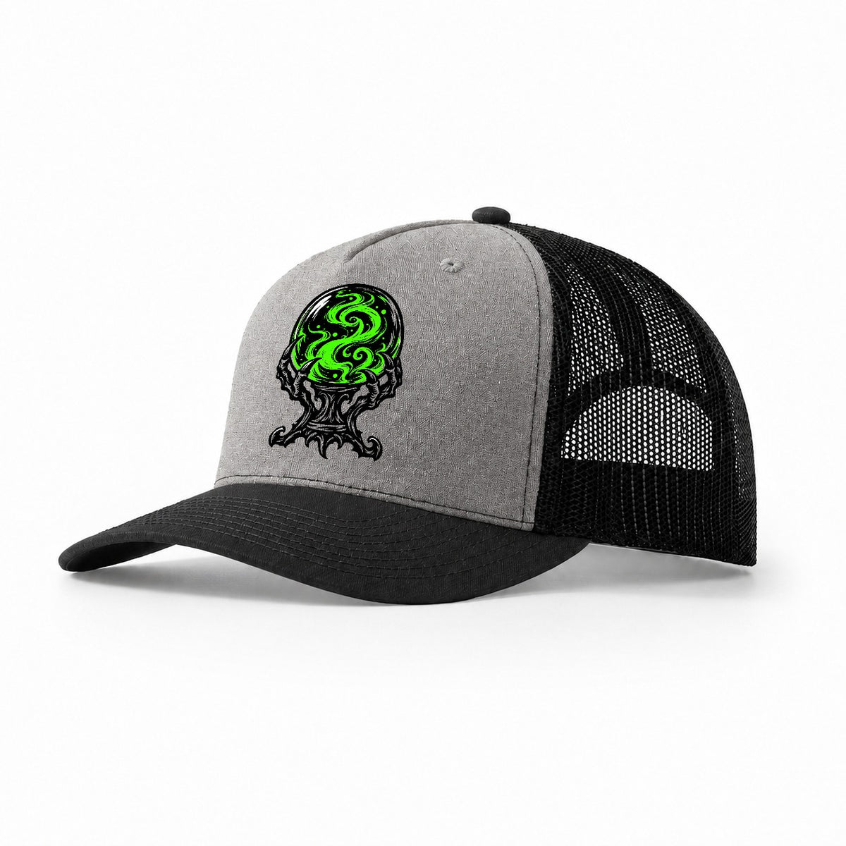 Crystal Ball On A Claw Stand Witch Magic Trucker Hat – Grey Black