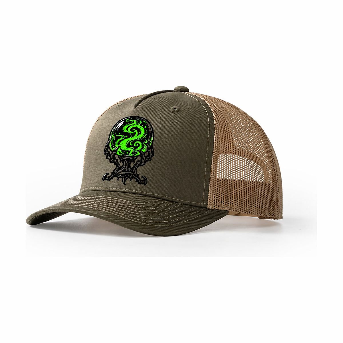 Crystal Ball On A Claw Stand Witch Magic Trucker Hat – Olive Khaki