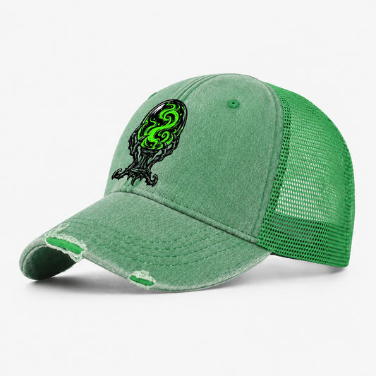 Crystal Ball On A Claw Stand Witch Magic Washed Trucker Hat – Ink Green