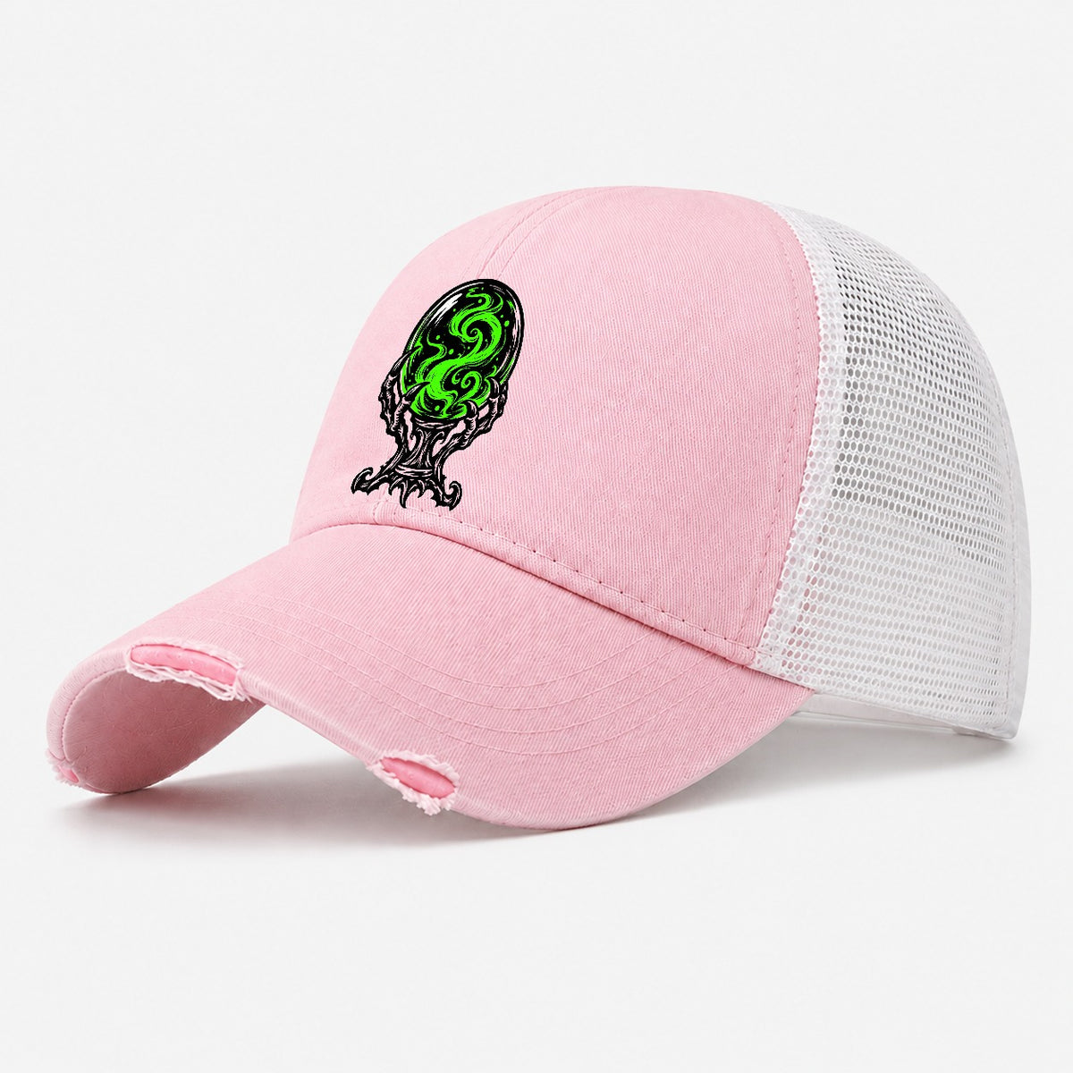 Crystal Ball On A Claw Stand Witch Magic Washed Trucker Hat – Light Pink