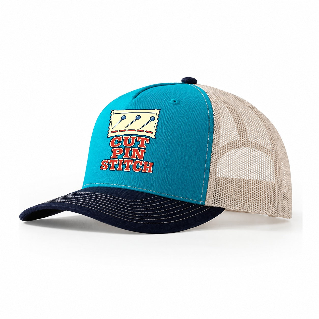 Cut Pin Stitch Sewing And Quilting Trucker Hat – Teal Navy