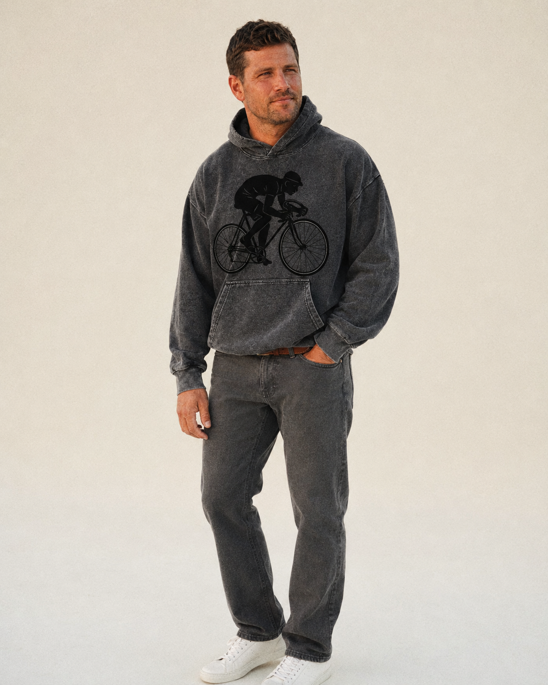 Cyclist Sprinting In Racing Position Vintage Washed Hoodie – studio model photo