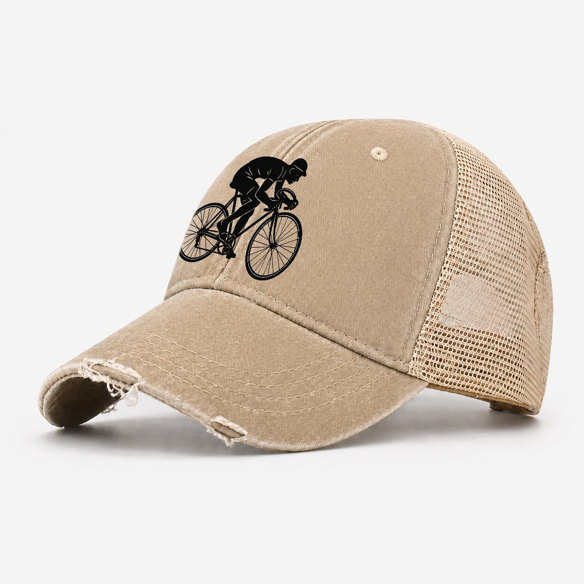 Cyclist Sprinting In Racing Position Washed Trucker Hat – Khaki