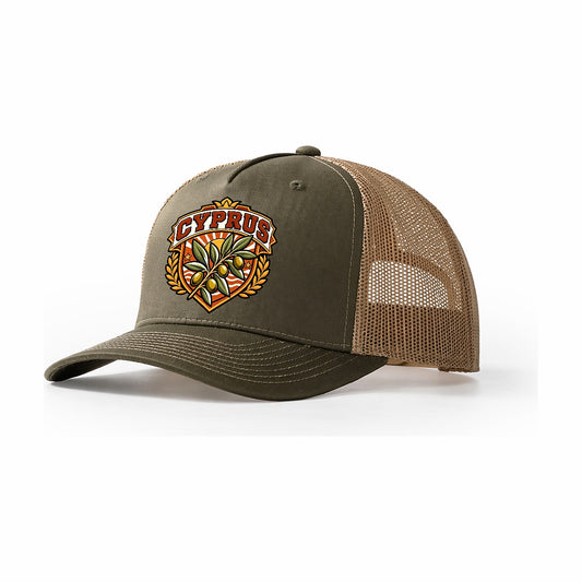 Cyprus Retro Badge Country Logos Trucker Hat – Olive Khaki