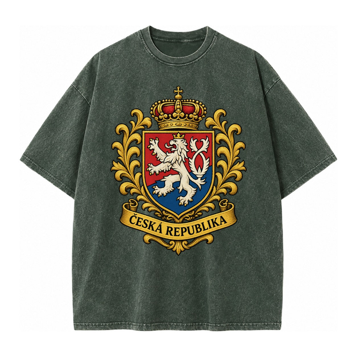 Czech Republic Lion Vintage T-shirt – Forest Mist(Green)