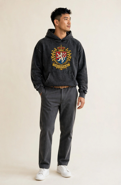 Czech Republic Lion Vintage Washed Hoodie – studio model photo