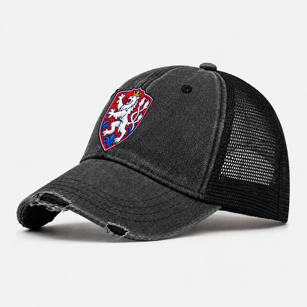 Czech Republic Minimal Emblem Country Logos Washed Trucker Hat – Black