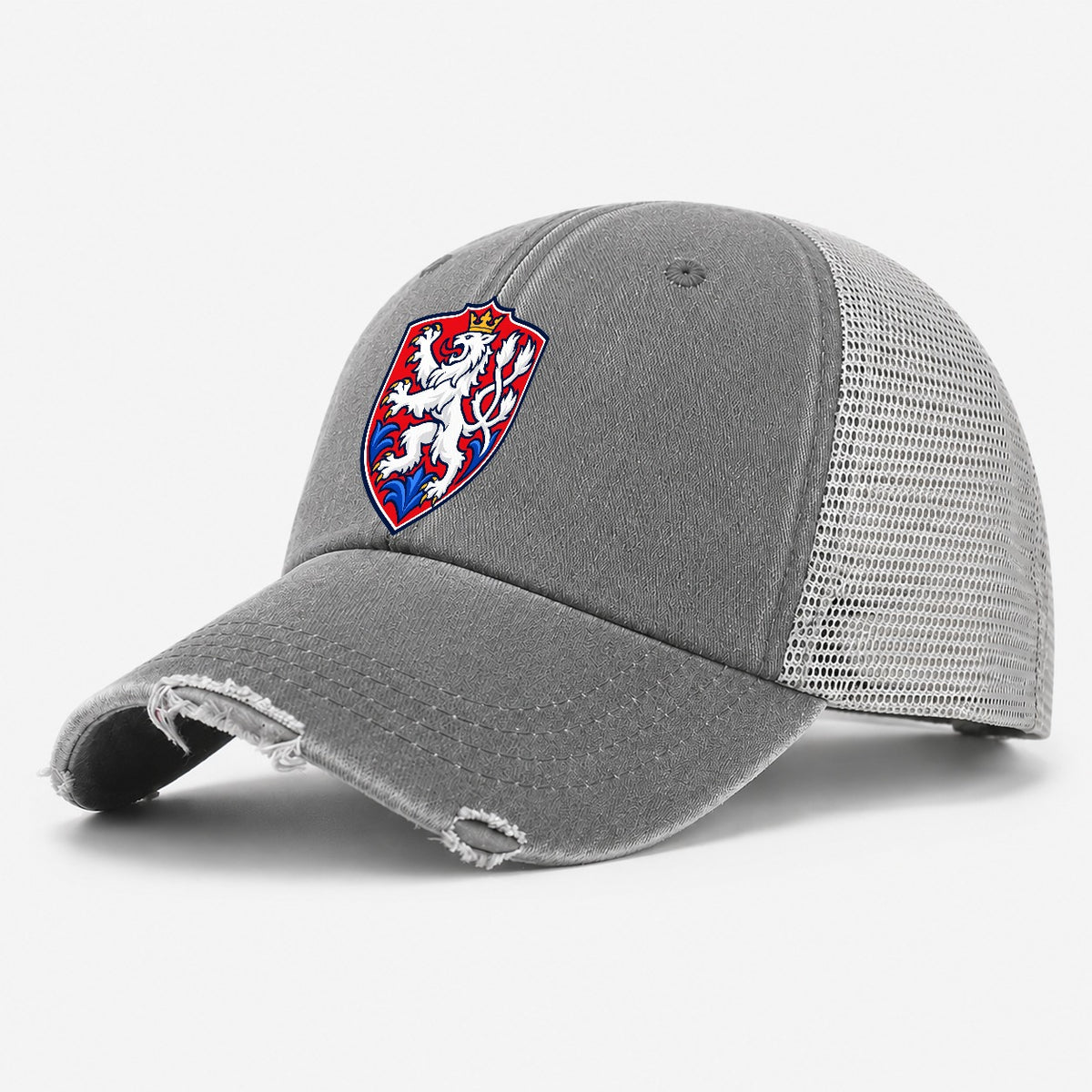 Czech Republic Minimal Emblem Country Logos Washed Trucker Hat – Grey