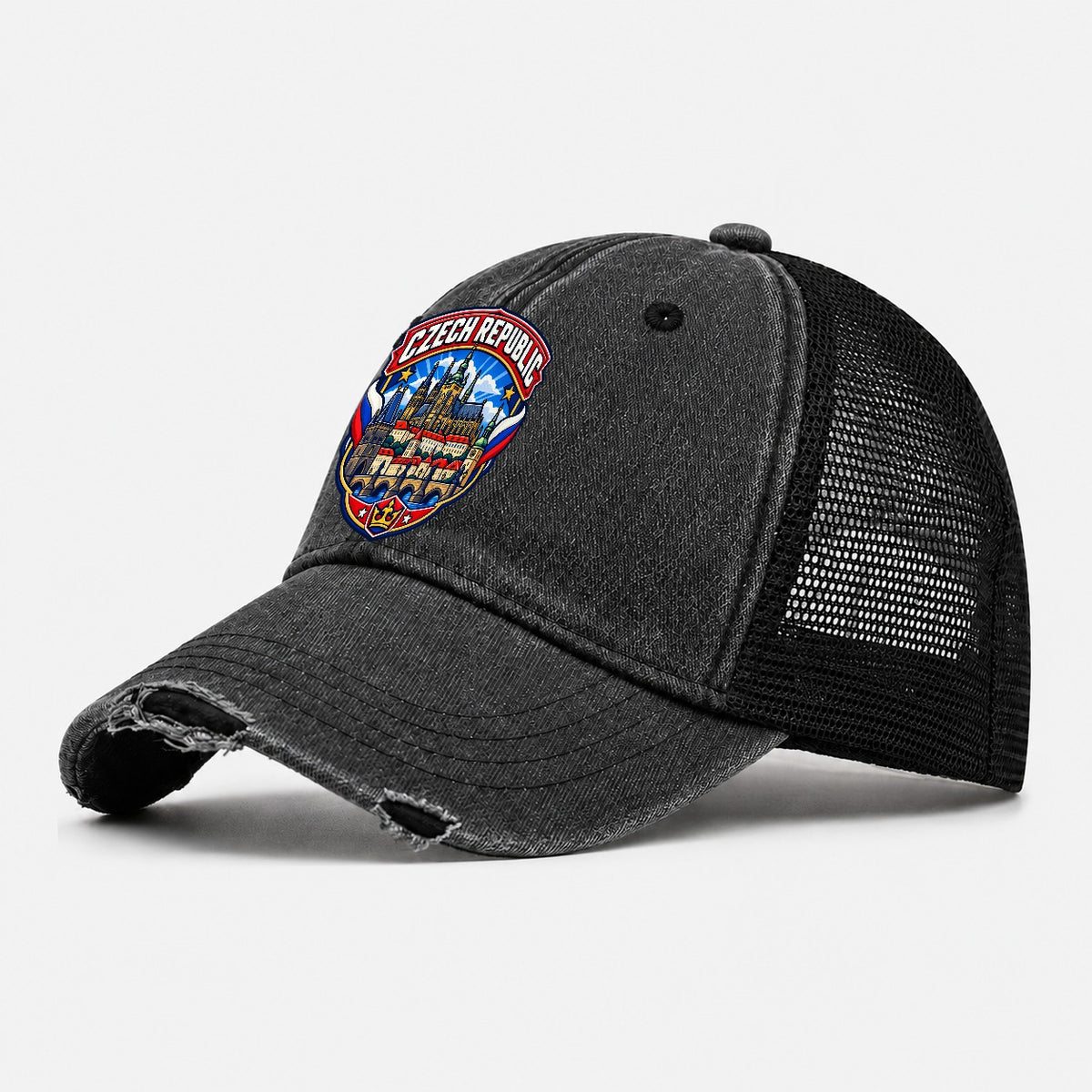 Czech Republic Retro Badge Country Logos Washed Trucker Hat – Black