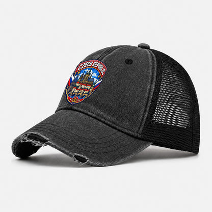 Czech Republic Retro Badge Country Logos Washed Trucker Hat – Black