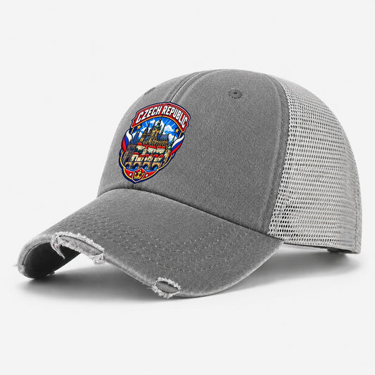 Czech Republic Retro Badge Country Logos Washed Trucker Hat – Grey