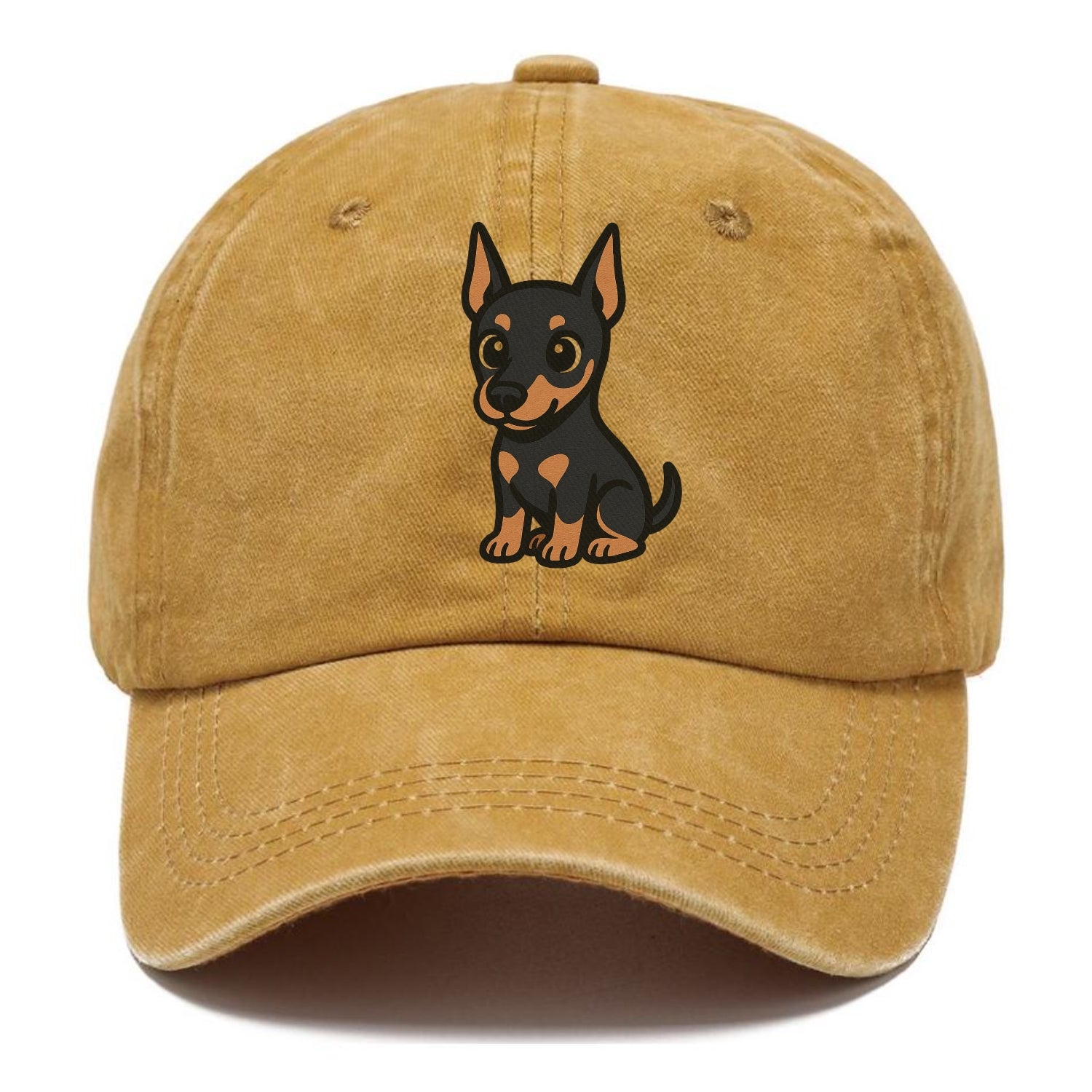 doberman black and tan sitting pose with cropped ears portrait design Hat