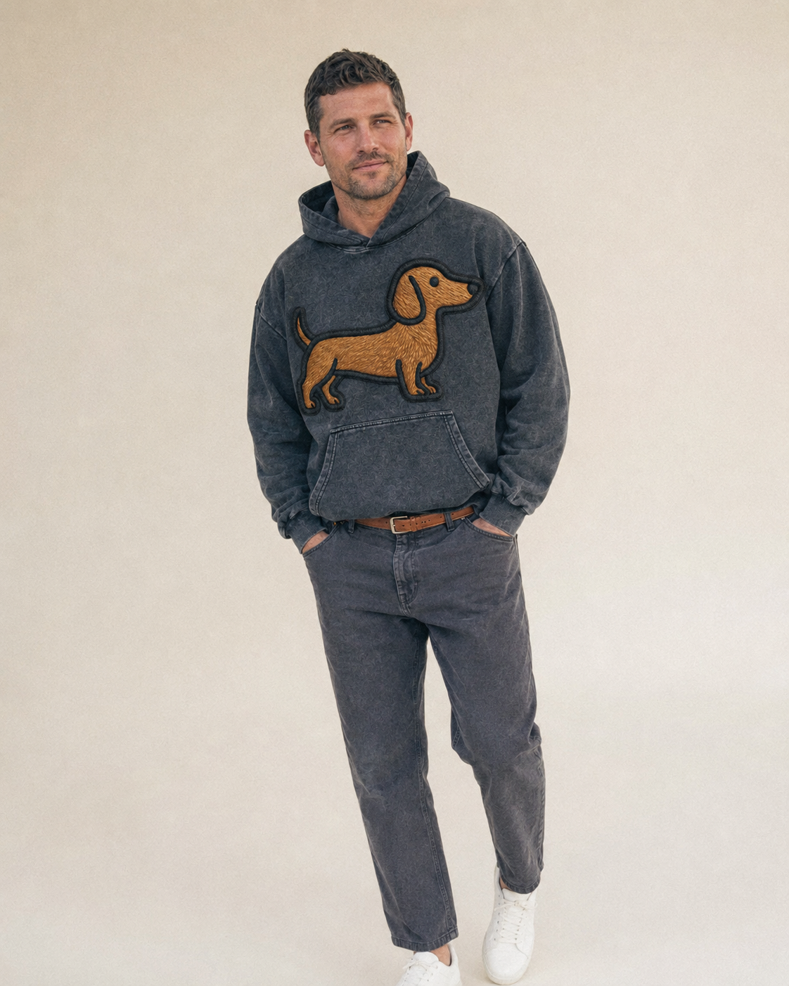 Dachshund Modern Elongated Silhouette Vintage Washed Hoodie – studio model photo