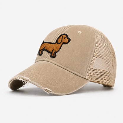Dachshund Modern Elongated Silhouette Washed Trucker Hat – Khaki