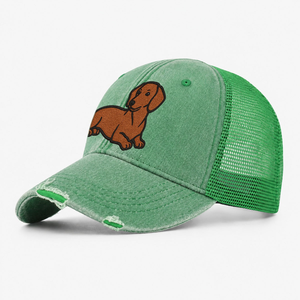 Dachshund Red Smooth Relaxed Lying Down With Head Up Embroid Washed Trucker Hat – Ink Green