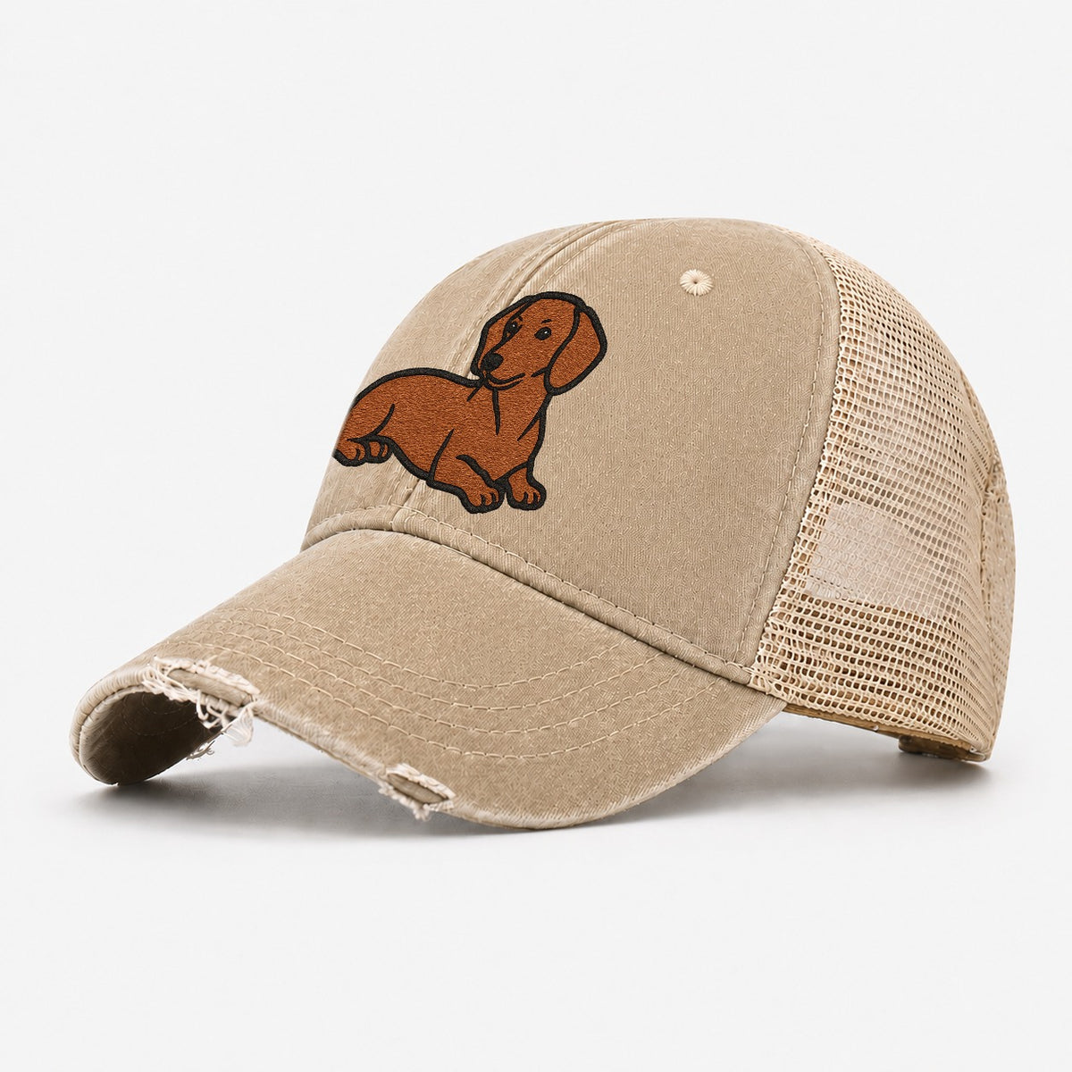 Dachshund Red Smooth Relaxed Lying Down With Head Up Embroid Washed Trucker Hat – Khaki