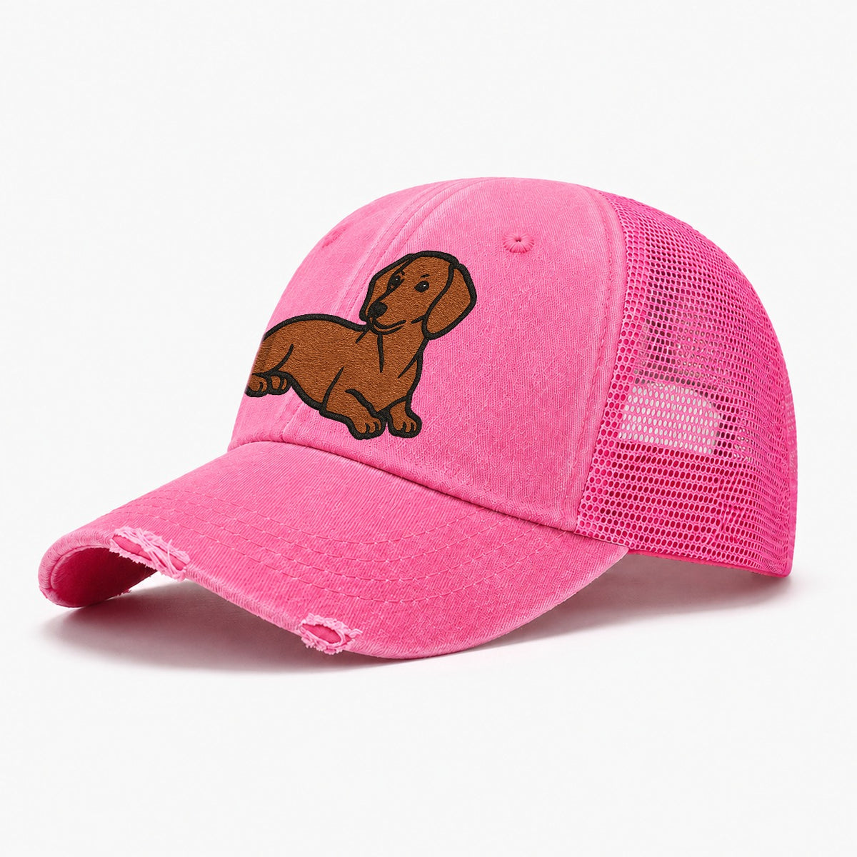 Dachshund Red Smooth Relaxed Lying Down With Head Up Embroid Washed Trucker Hat – Rose