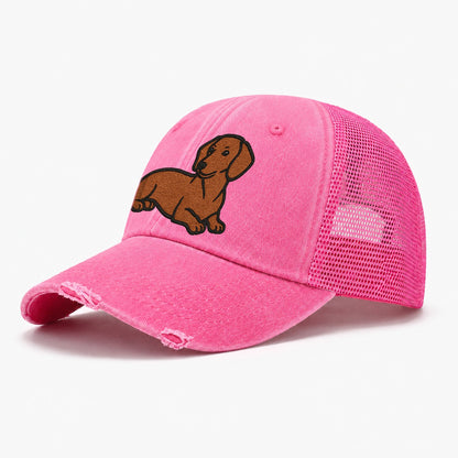 Dachshund Red Smooth Relaxed Lying Down With Head Up Embroid Washed Trucker Hat – Rose