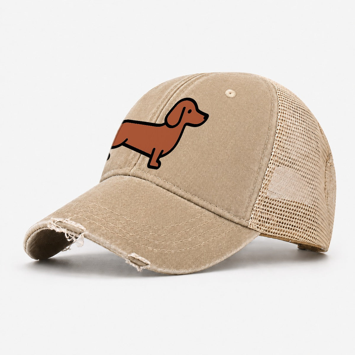 Dachshund Redbrown Smooth Flat Side Profile Washed Trucker Hat – Khaki
