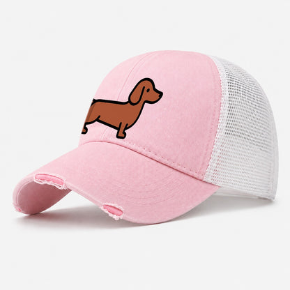 Dachshund Redbrown Smooth Flat Side Profile Washed Trucker Hat – Light Pink