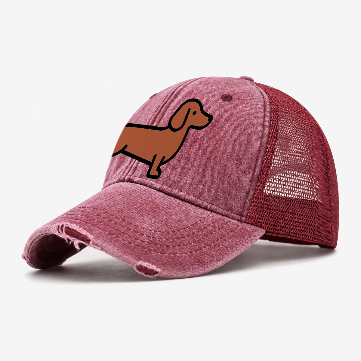 Dachshund Redbrown Smooth Flat Side Profile Washed Trucker Hat – Wine Red