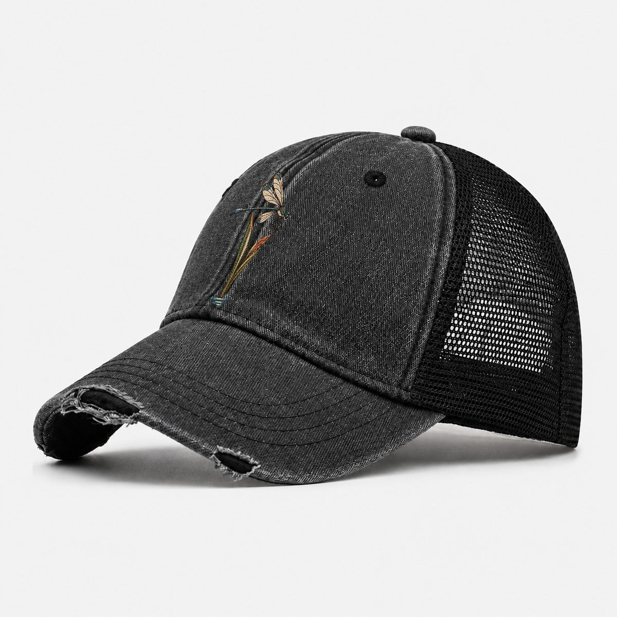 Damselfly Reed Reflection Gentle Wild Washed Trucker Hat – Black