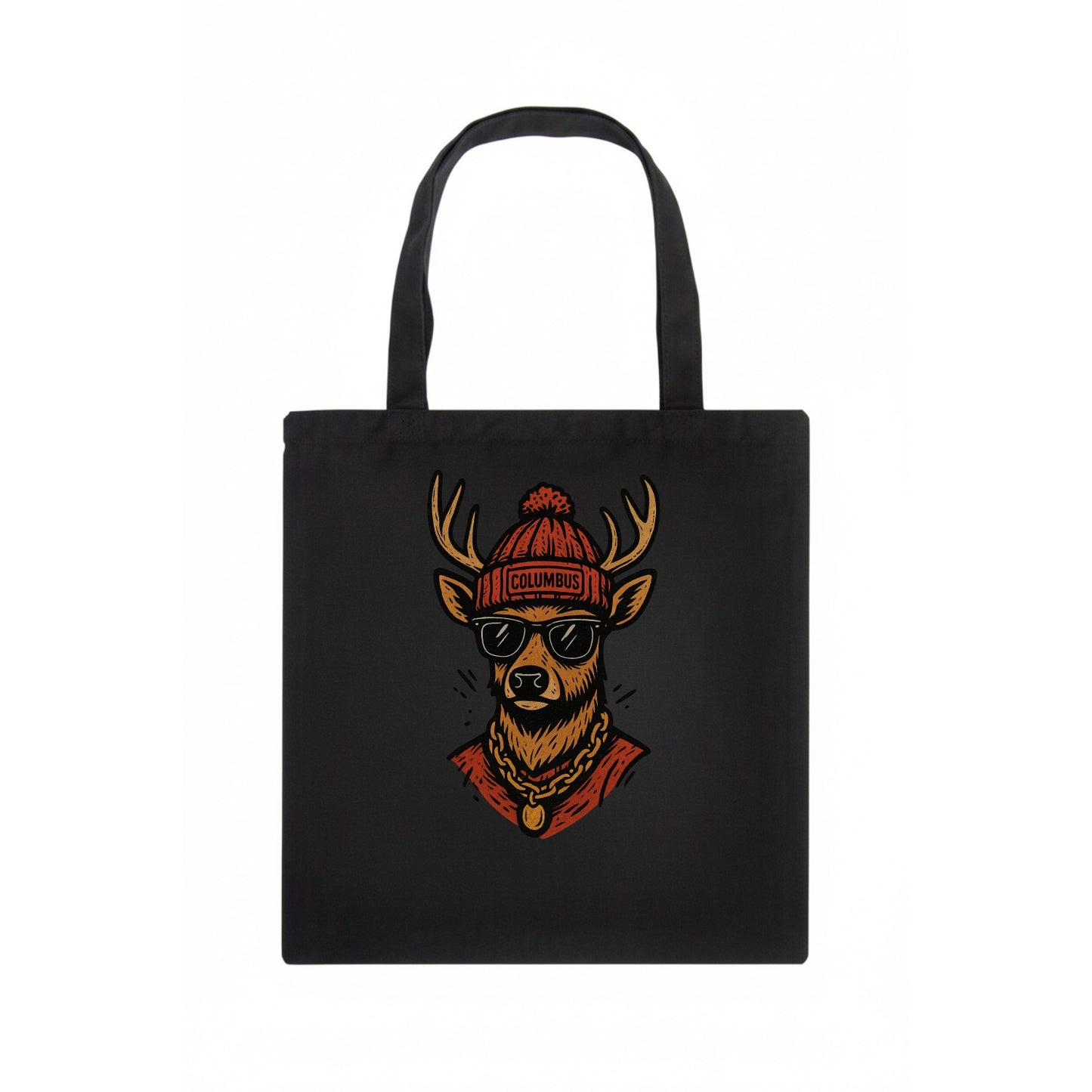 Columbus White-tailed Deer wearing Columbus beanie with pom pom and wayfarer sunglasses - Tote Bag - dark