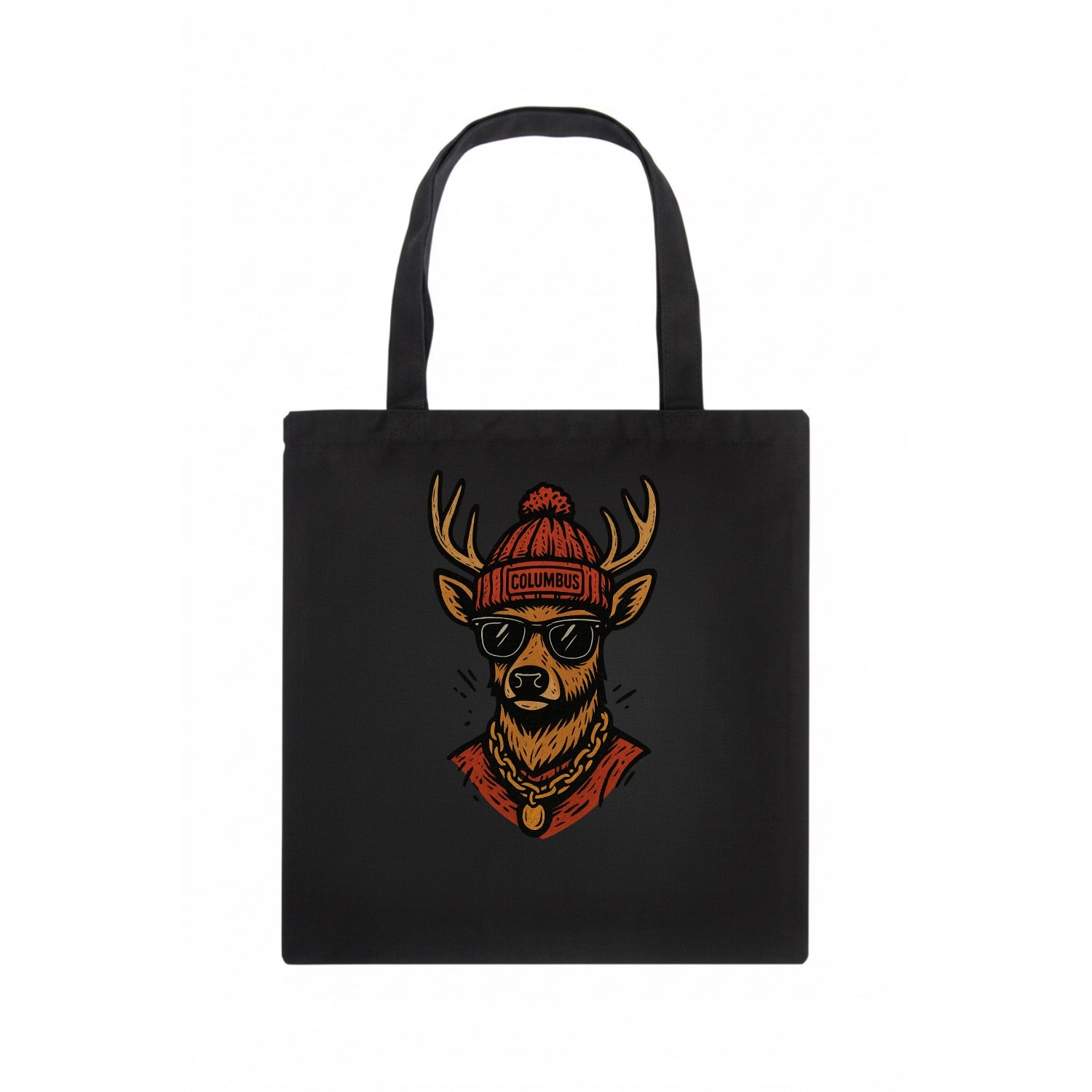 Columbus White-tailed Deer wearing Columbus beanie with pom pom and wayfarer sunglasses - Tote Bag - dark