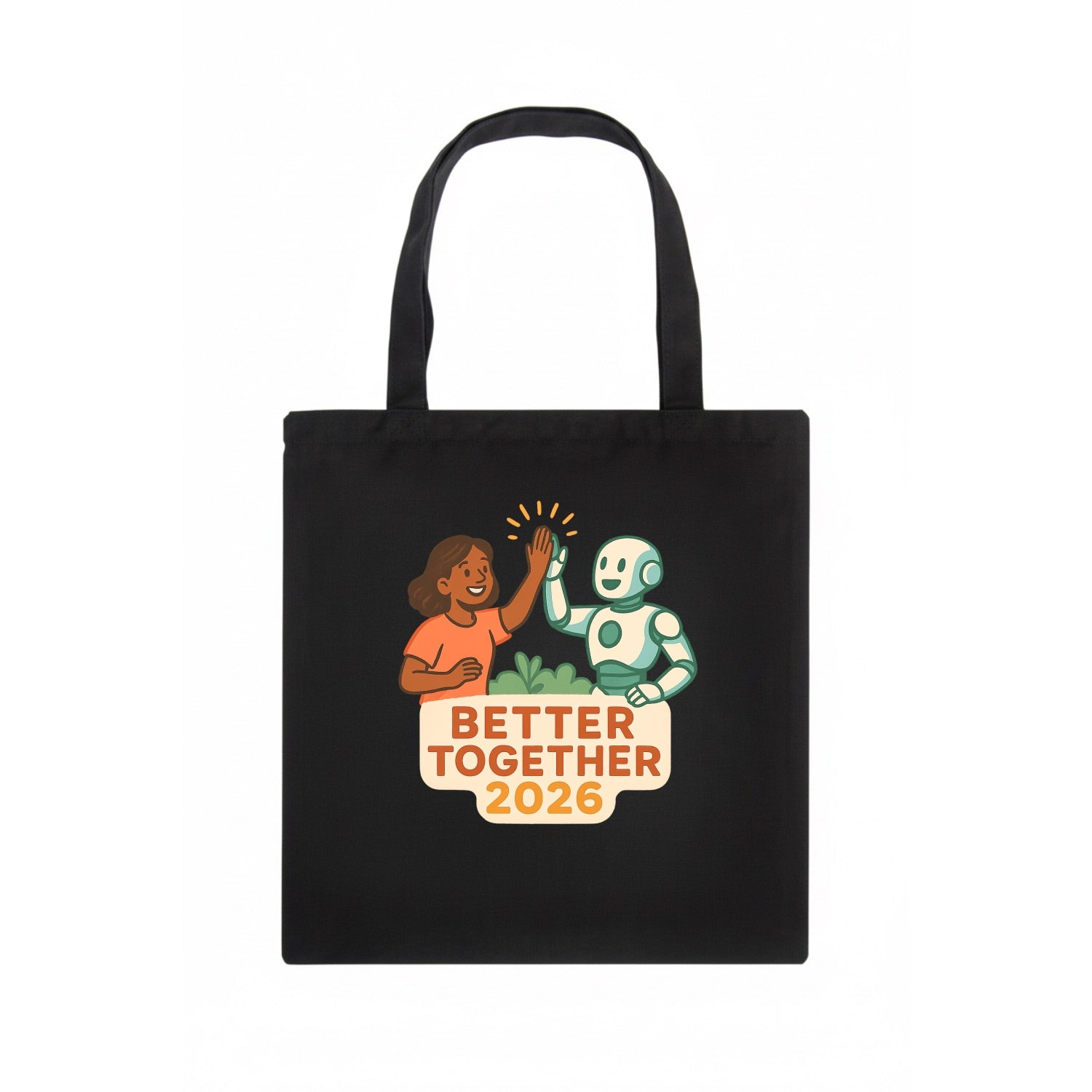 Human and AI robot high-fiving as collaborative partners - "Better Together 2026" - - Tote Bag - dark