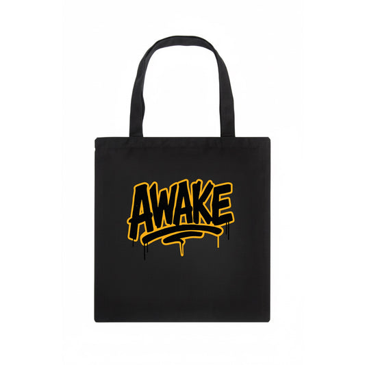 Bold typography design - "AWAKE" - conscious, aware, alert - Tote Bag - dark