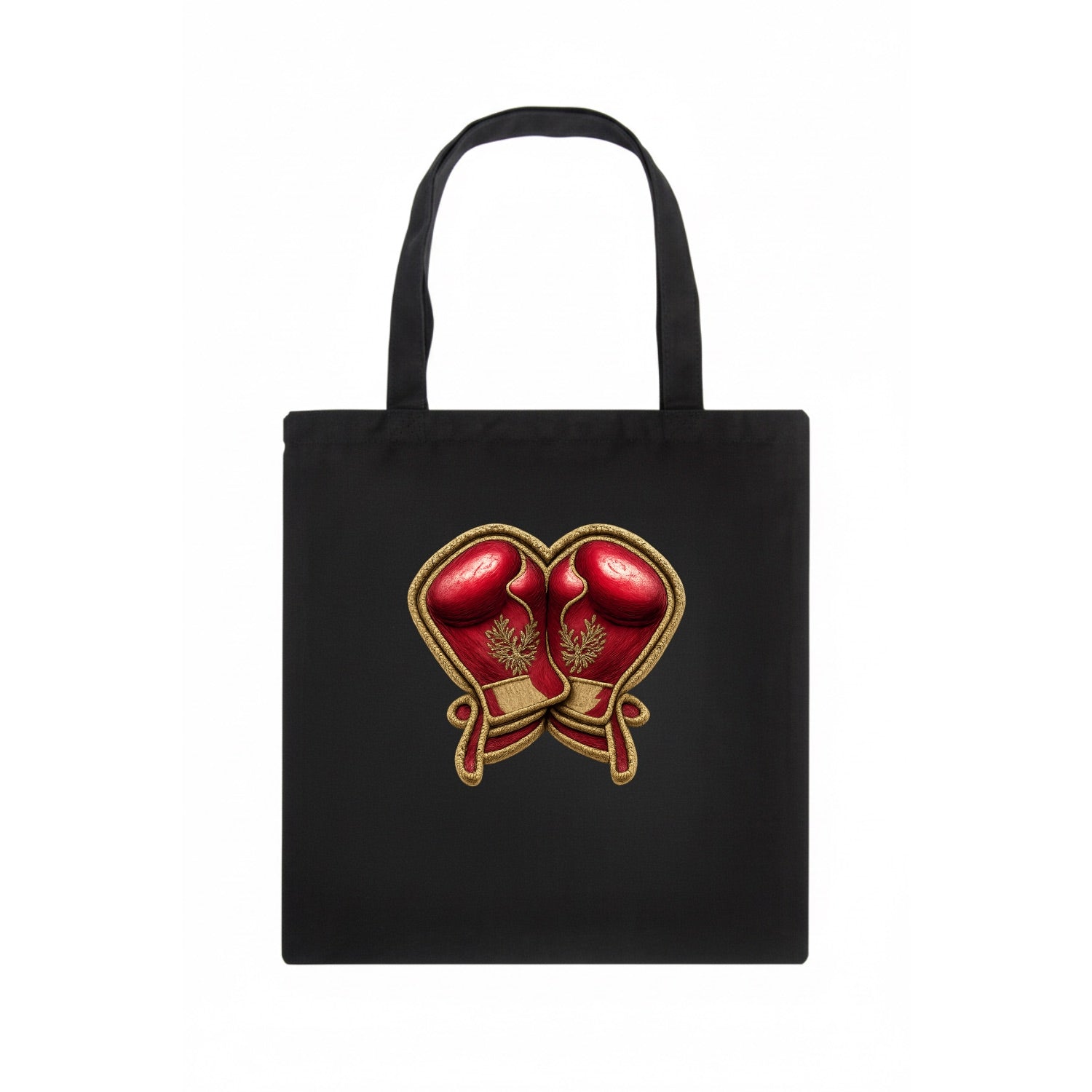 Embroidered patch design - BOXING GLOVES - red boxing gloves crossed in crimson and gold - Tote Bag - dark