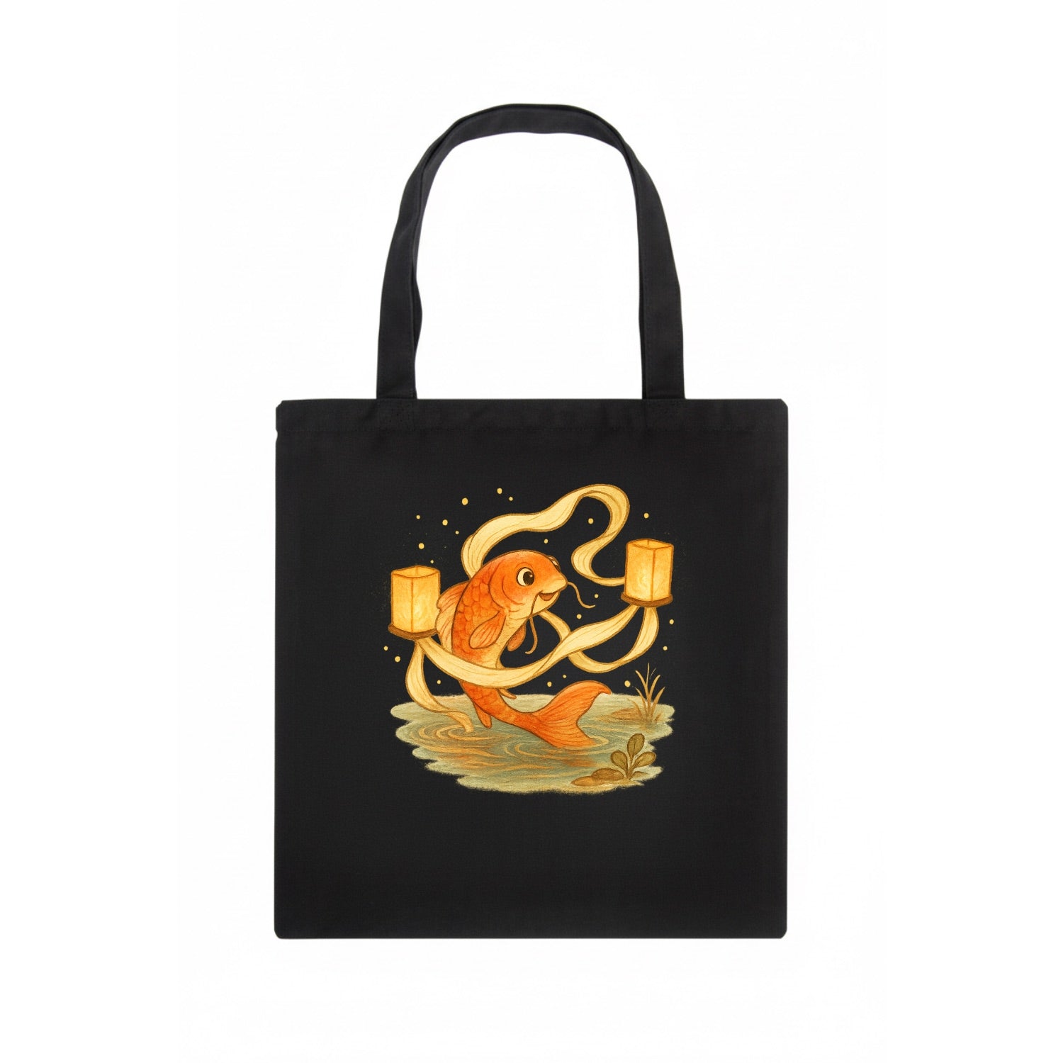 Koi weaving silk streamers through floating lanterns on tranquil water - Tote Bag - dark